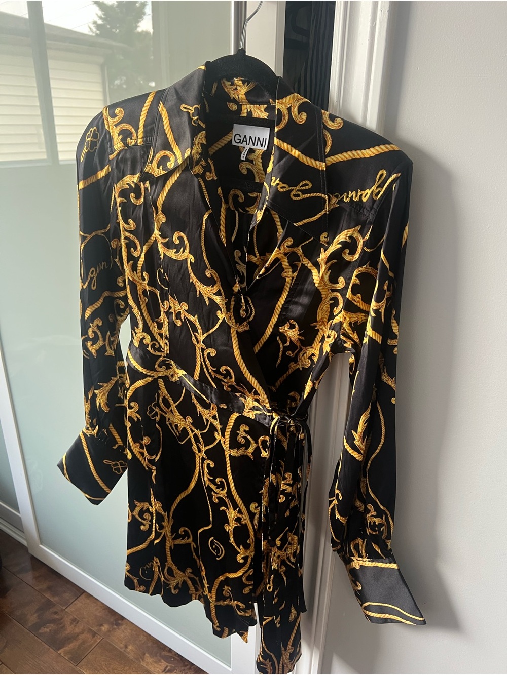 Ganni Black & Gold Baroque Wrap Mini Dress